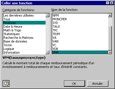 Fenêtre liste des fonctions